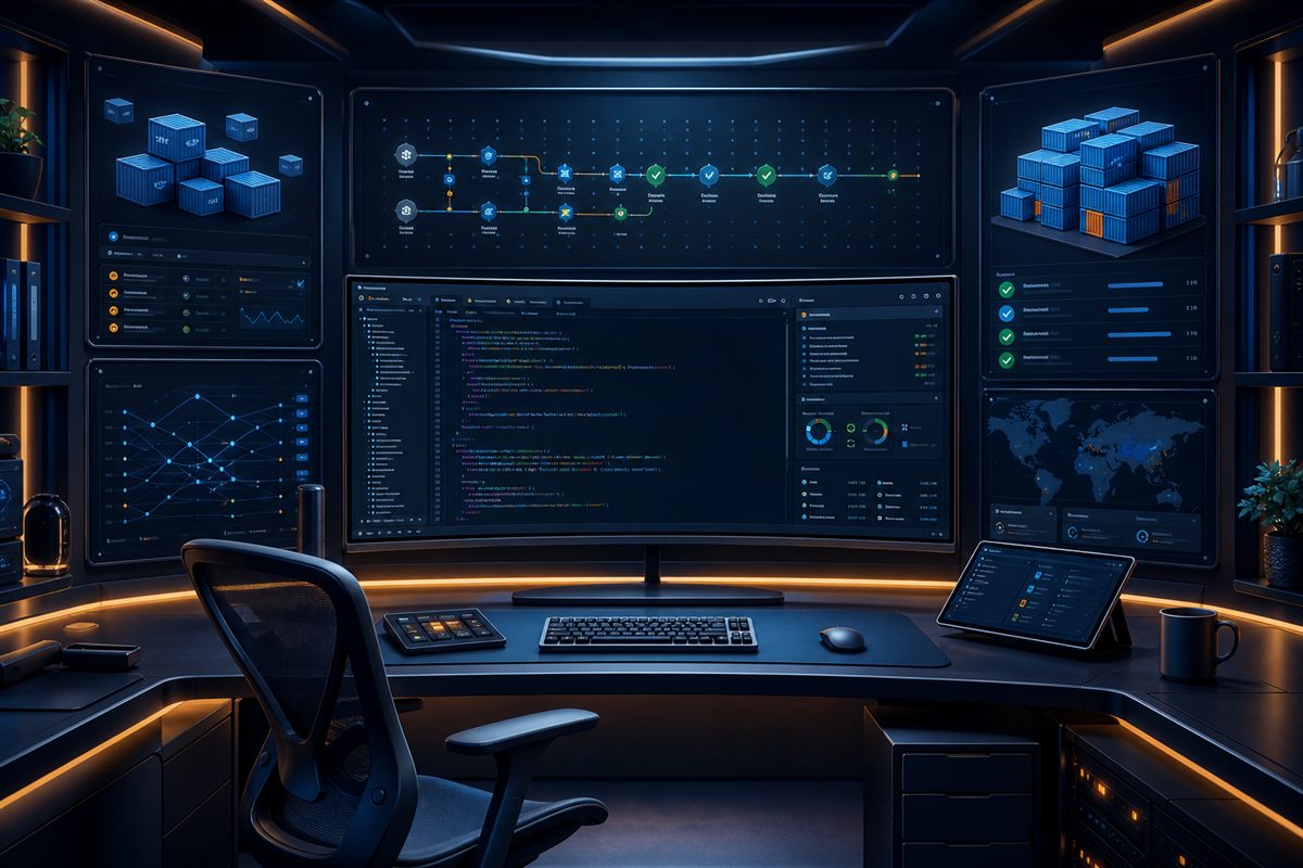 Illustration d’un cockpit de développement avec tableaux de bord et pipeline de déploiement